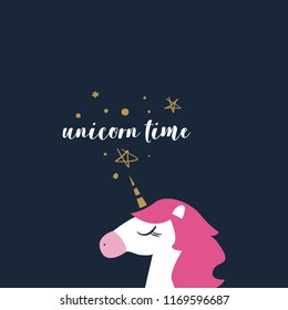 Vector cartoon cute hand drawn funny flat unicorn and text. Scandinavian nursery art. It may be used for poster, postcard, layout, greeting card, wall art, phone case, t-shirt