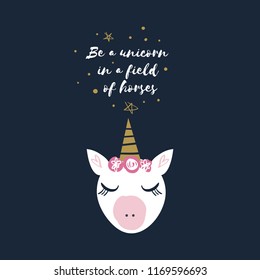 Vector cartoon cute hand drawn funny boho unicorn. Be a unicorn in a field of horses. Nursery text card. It may be used for poster, postcard, layout, wall art, phone case, t-shirt