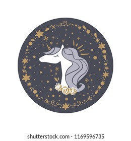 Vector cartoon cute hand drawn funny boho unicorn. Nursery circle sticker. It may be used for poster, postcard, layout, greeting card, wall art, phone case, t-shirt