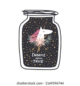 Vector cartoon cute hand drawn funny boho unicorn. Nursery art. It may be used for poster, postcard, layout, greeting card, wall art, phone case, t-shirt