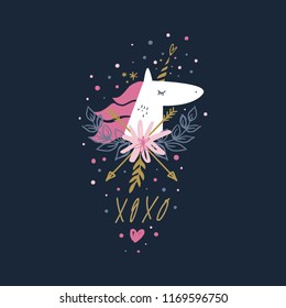 Vector cartoon cute hand drawn funny boho unicorn. Nursery art. It may be used for poster, postcard, layout, greeting card, wall art, phone case, t-shirt