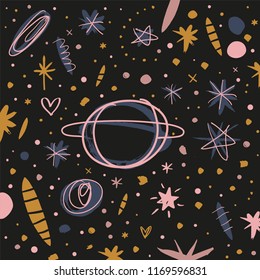 Vector cartoon cute hand drawn space pattern. Stylized picture. It may be used for postcard, layout, greeting card, wall art, phone case, t-shirt