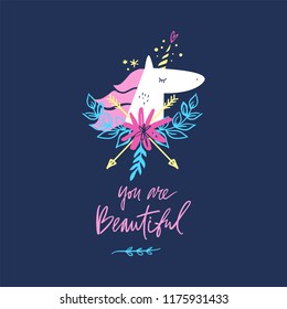 Vector cartoon cute hand drawn girl unicorn face. Nursery fantasy art. It may be used for sticker, poster, postcard, badge, layout, greeting card, patch, wall art, phone case, t-shirt