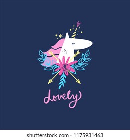 Vector cartoon cute hand drawn girl unicorn face. Nursery fantasy art. It may be used for sticker, poster, postcard, badge, layout, greeting card, patch, wall art, phone case, t-shirt