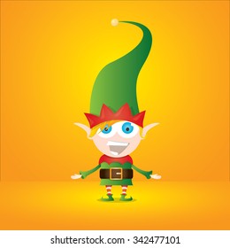 vector cartoon cute happy Christmas elf isolated on orange background. merry christmas illustration