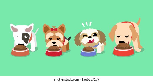 Vector cartoon cute happy dogs with food bowls for design.