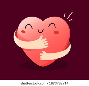 Vector cartoon cute happy heart character with smile and hands hugging self on dark background, love yourself