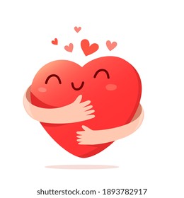 Vector Cartoon Cute Happy Heart Character With Smile And Hands Hugging Self On White Background, Love Yourself