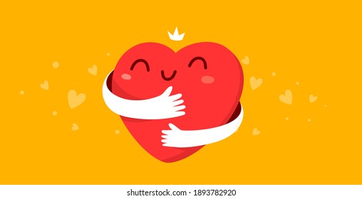 Vector cartoon cute happy heart character with smile and hands hugging self on yellow background, love yourself