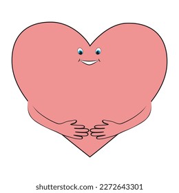 Vector cartoon cute happy heart character with smile and hands hugging self on white background, love yourself