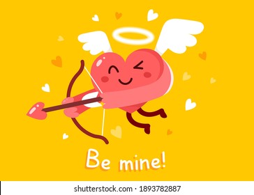 Vector cartoon cute happy holy heart cupid character with wings and nimbus flying with bow and arrow on yellow background
