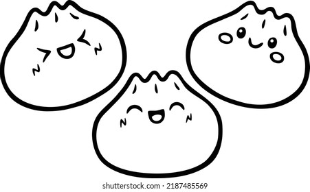 Vector Cartoon Cute Happy Kawaii Dumplings Line Art