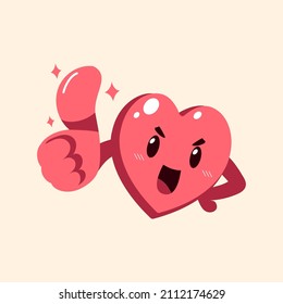 Vector cartoon cute heart character showing thumb for design.