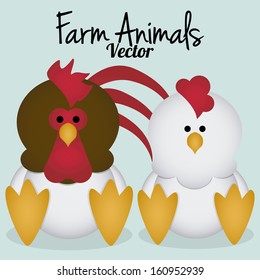 Vector Cartoon Cute Hen And Rooster Isolated