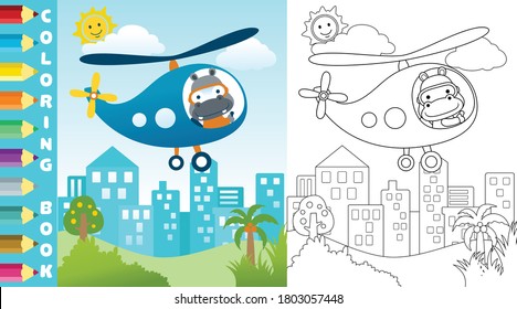 Vector cartoon of cute hippo on helicopter flying across buildings, coloring page or book with