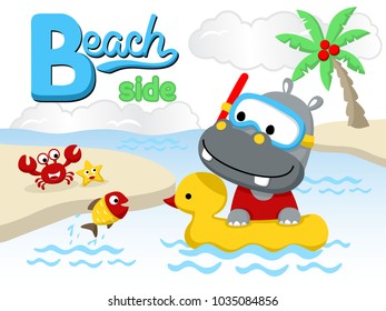 Vector cartoon of cute hippo wearing diving goggles in swim ring duck with marine animals, beach elements illustration