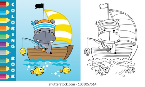 Vector cartoon of cute hippo wearing sailor cap fishing on sailboat, coloring page or book