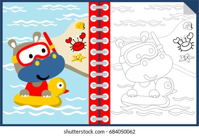 Vector cartoon of cute hippo wearing diving goggles in duck ring with marine animals in the beach, coloring book or page