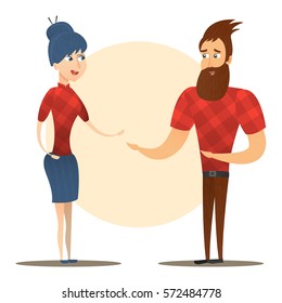 Vector cartoon cute hipster couple on the white background.