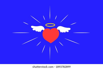 Dibujo vectorial lindo corazón rojo sagrado con alas y nimbus en fondo azul oscuro