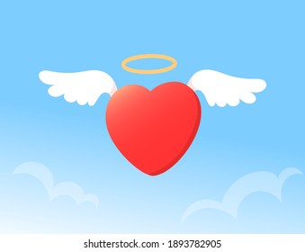 Vector cartoon cute holy red heart with wings and nimbus on blue background