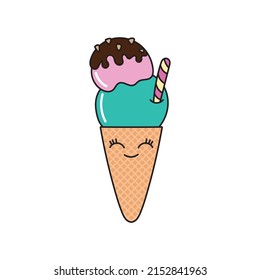 Vector Cartoon Cute Ice Cream Icon Isolated On White Background