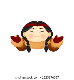 Vector cartoon cute icon of an Eskimo young Chukchi girl who knows nothing, emoticon, mascot, sticker, emoji, smiley, I do not know eps 10