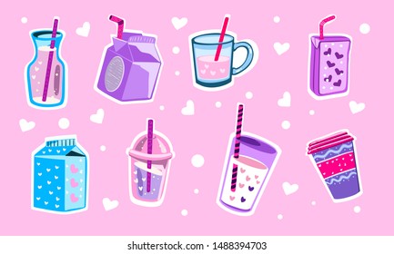 Vector cartoon cute icon set of milk pack, jar, cup, milkshake, glass, coffee cup. Non-alcoholic beverages for café (bar) menu, poster, and banner. On the pink background with white hearts.