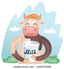 Vector cartoon cute illustration of Cow with bucket of milk. Cartoon cute and funny dairy farm. Natural food, organic product, locally grown. Animal character on nature summer background.