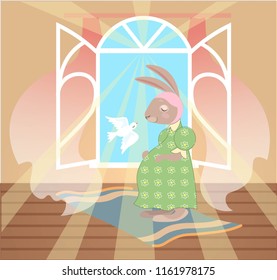 Vector cartoon cute illustration pregnant happy mother rabbit waiting baby beauty card design smiling family concept room animals sunlight fairy tale children pigeon flat template artwork