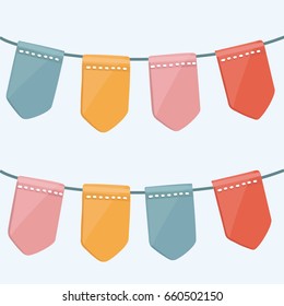 Vector cartoon cute illustration set multicolored flags garlands for decoration party, celebrations, holiday etc. Isolated on light blue background