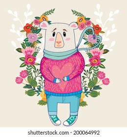 Vector cartoon cute illustration of Teddy bear and floral wreath "I love you"!