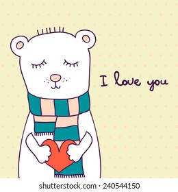 Vector cartoon cute illustration with Teddy bear, heart and clouds. 