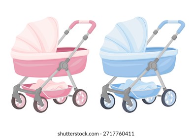 Vector cartoon cute image of a baby stroller. Concept of caring for a baby and child. Parenting. Element for your design. Gender-neutral party.