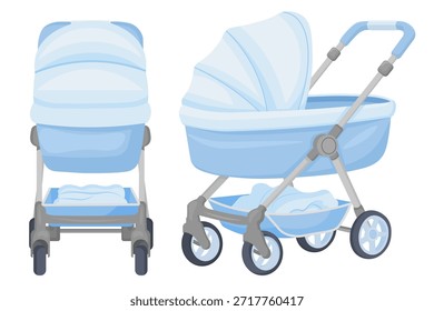 Vector cartoon cute image of a baby stroller. Concept of caring for a baby and child. Parenting. Element for your design. Gender-neutral party.