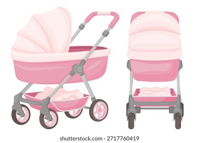 Vetor desenho animado imagem fofa de um carrinho de bebê. Conceito de cuidar de um bebê e criança. Paternidade. Elemento para seu design. Partido neutro em termos de gênero.