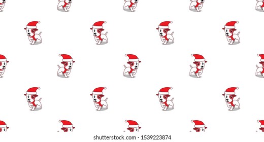 Vector cartoon cute jack russell terrier dog with santa claus christmas hat seamless pattern background for design.