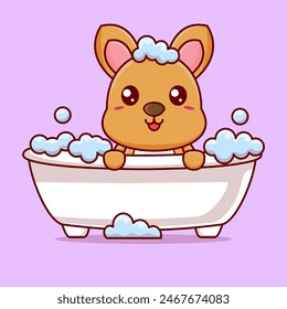 Vector cartoon cute kangaroo bathing in bathtub filled with foam