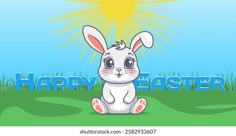 Vector cartoon cute kawaii beautiful sitting bunny with big eyes. Happy Easter. Holiday card. Toon bright sunny nature. Festive poster.