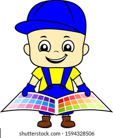  vector cartoon cute kid decorator holding color palette