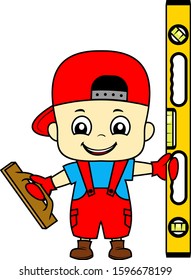 vector cartoon cute kid plasterer worker with plastering trowel and spirit level