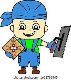 Vector Cartoon Cute Kid Tiler Worker With Notch Trowel 