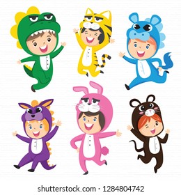 Vector cartoon of cute kids in animal costumes set. Carnival clothes for children.