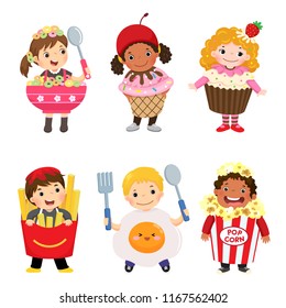 Vector cartoon of cute kids in food costumes set. Carnival clothes for children.