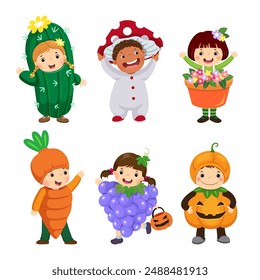 Vector cartoon of cute kids in plant costumes set. Carnival clothes for children.