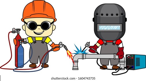 vector cartoon cute kids Welder and metal cutter with  welding torch and Oxy acetylene torch