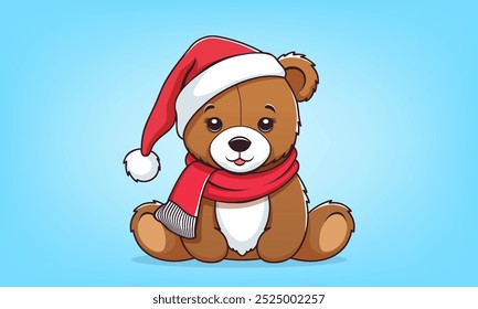 Vector cartoon cute kind beautiful sitting teddy bear in red scarf and Santa Claus hat. Nice toon toy. Merry Christmas and Happy New Year. Light blue background.