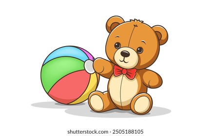 Vector cartoon cute kind plush cuddly sitting teddy bear toy with bow tie and colored inflatable baby ball. White isolated background.