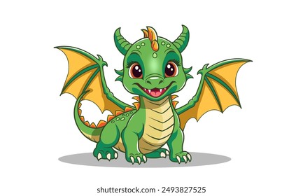 Vector cartoon cute kind smiling green little dragon baby with spread wings. Fairytale magical cuddly kawaii animal.