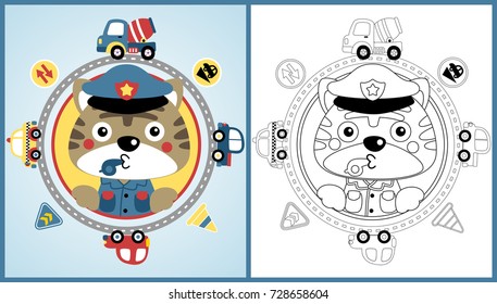vector cartoon of cute kitten in cop costume with vehicles and road sign, traffic elements, coloring page or book